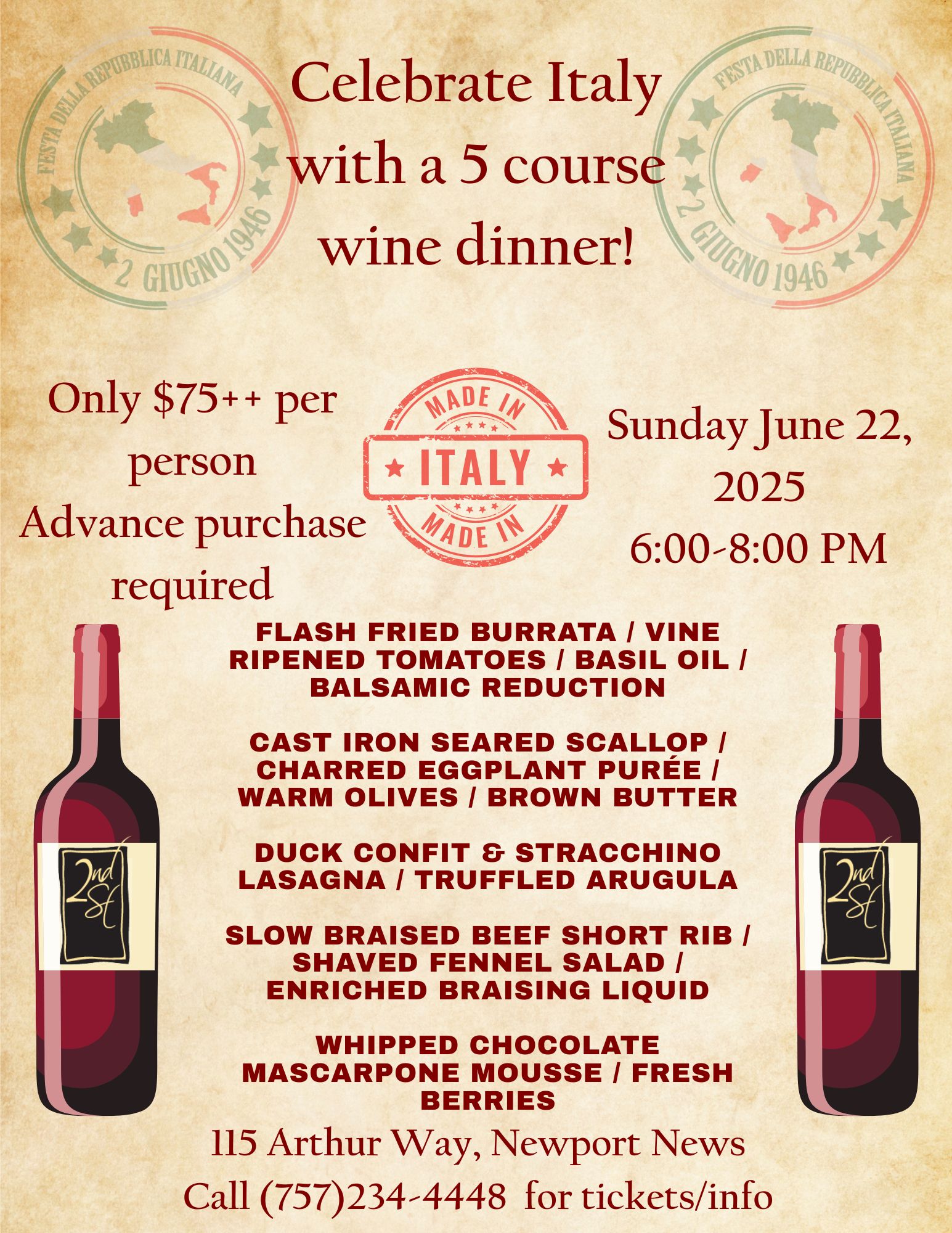 SecondSt Celebrate Italy 5 Course Wine Dinner